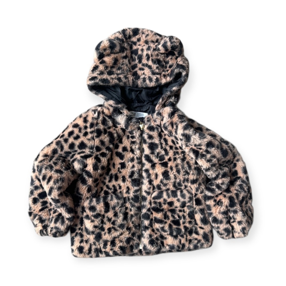H&M Toddler Girls Leopard Print Faux Fur Jacket Detachable Hood Size 3-4T